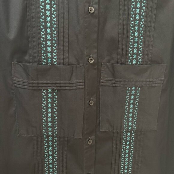 Dos Carolinas Guayabera Embroidered Shirt Dress Small Black Turquoise Cotton - Picture 5 of 13